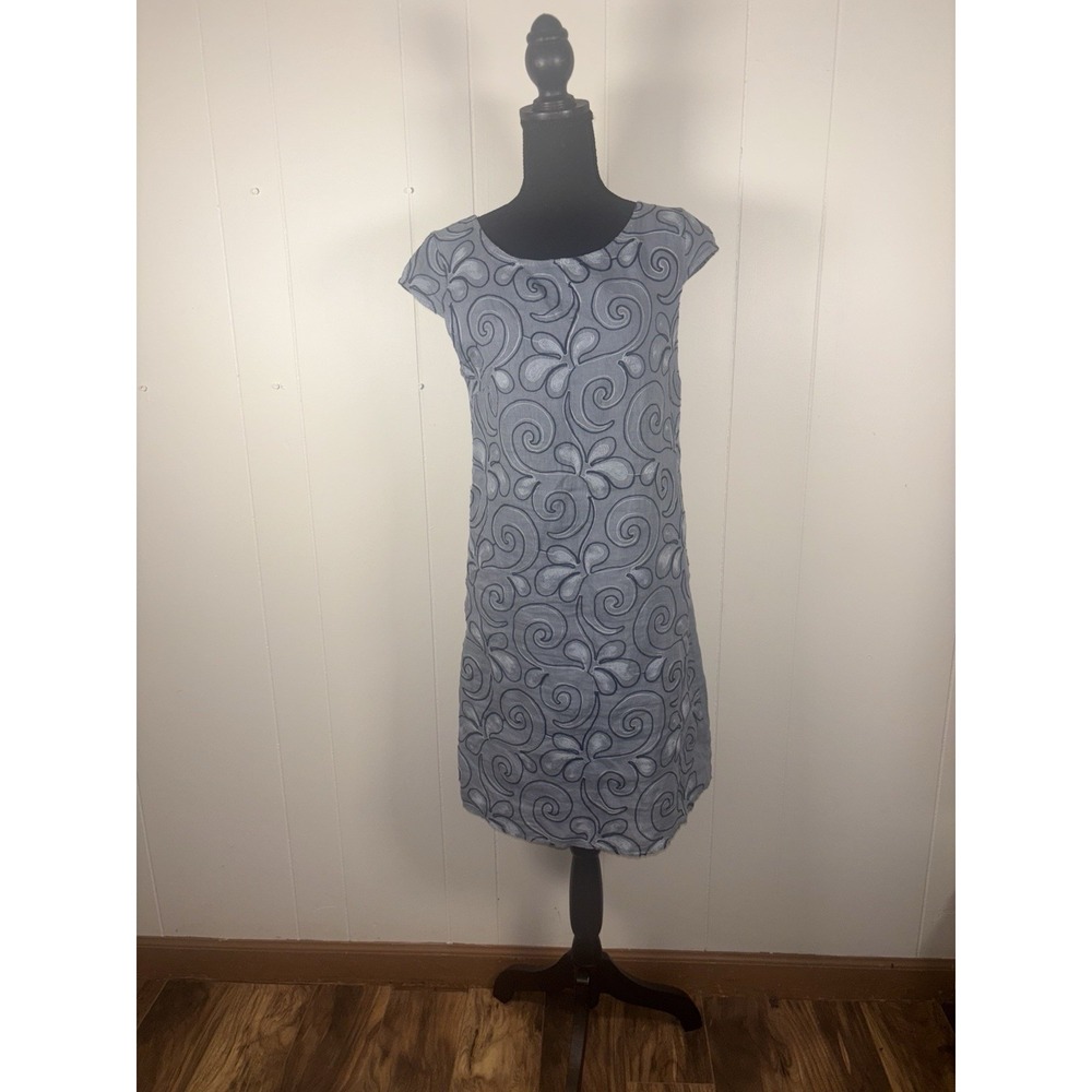 Lina Tomei Linen Cap Sleeve Embroidered Blue Dress Small Pockets